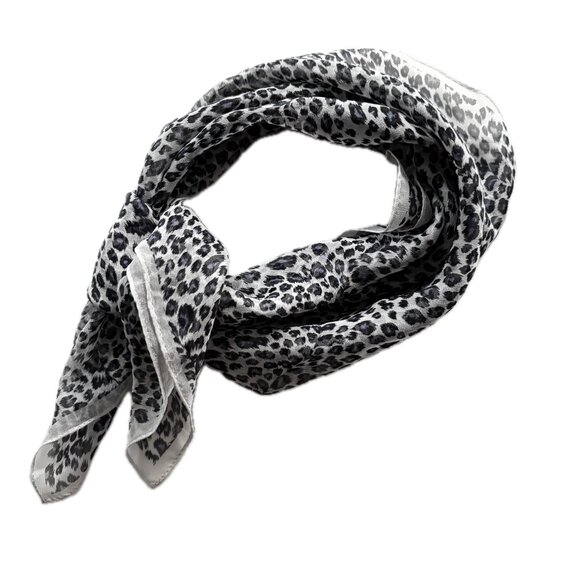 Women's Silk Cheetah Print Artisanal Neck Scarf White Charcoal Gray Blue 21x21"… - Picture 10 of 13